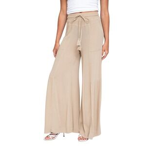RE WASH Brand Tan Wide‎ Leg Gaucho Pants Tassel Drawstring Rayon Size L